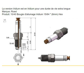 Bougie 10/40 pouces, 6mm, Rcexl