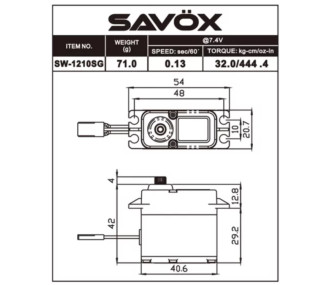 Servo numérique étanche Savox SW-1210SG+ (71g, 20kg.cm, 0.15s/60°)
