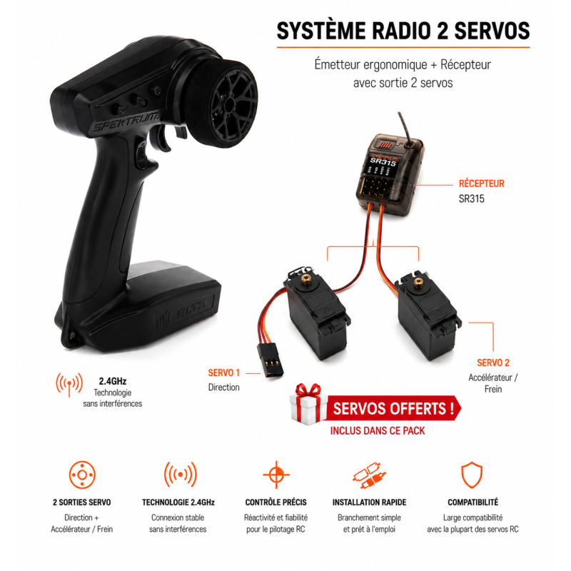 Radio SLT3 Spektrum 2.4GHZ + SR315 + 2 servos A6030 offerts