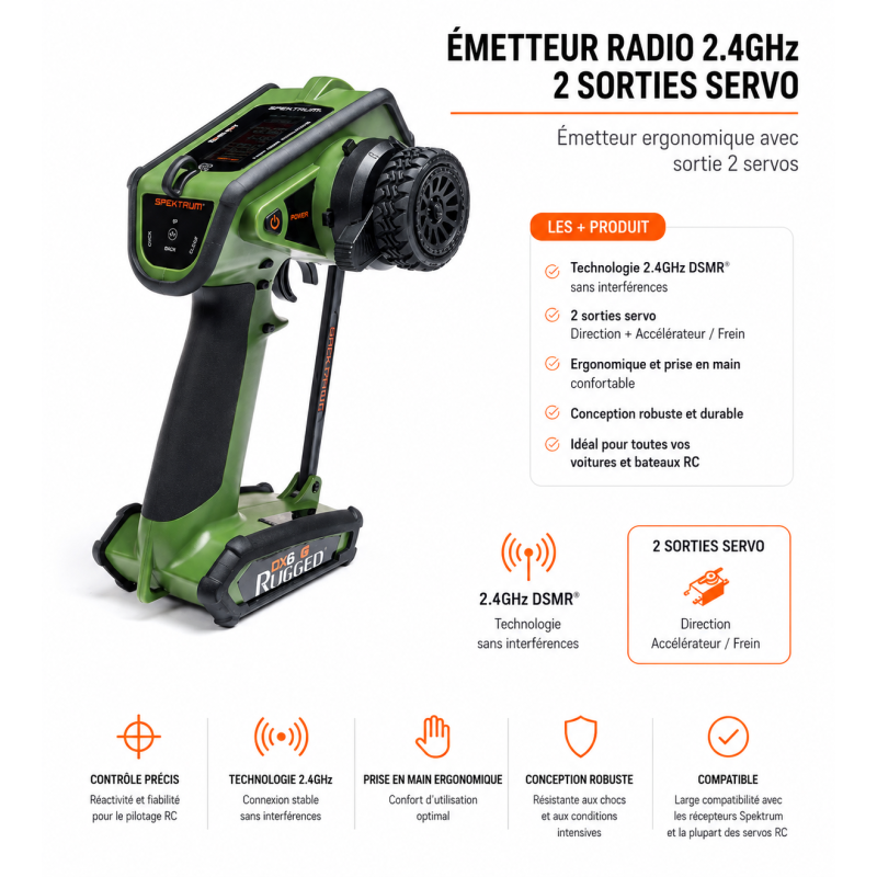 Spektrum DX6 Rugged Radio 6 Voies DSMR verte + 2 servos A6030 offerts