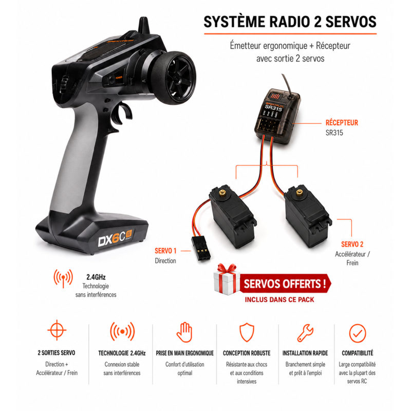 Radio DX6C 6 voies DSMR récepteur SR315 spektrum + 2 servos A6030 offerts