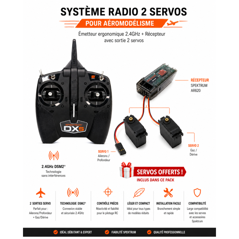 Radio DXS Spektrum DSMX 2.4G + récepteur AR410 + 2 servos A6030 offerts