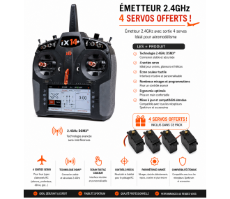 Radio iX14+ 20 Voies Spektrum DSMX 2.4Ghz + 4 servos A6030 offerts
