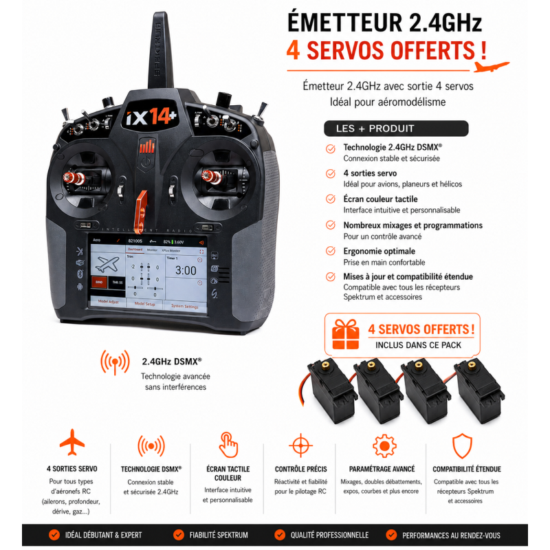 Radio iX14+ 20 Voies Spektrum DSMX 2.4Ghz + 4 servos A6030 offerts