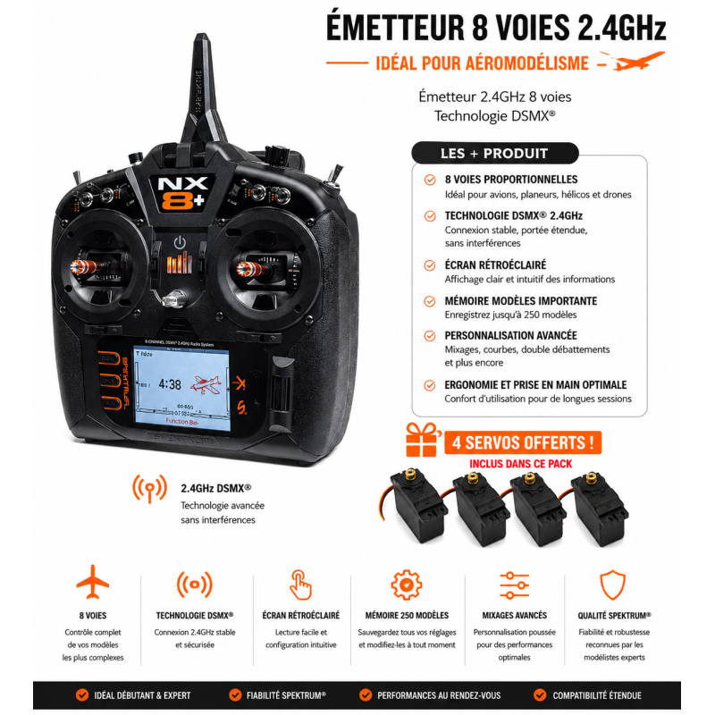 Radio NX8+ 20 Voies Spektrum DSMX 2,4GHz + 4 servos A6030 offerts
