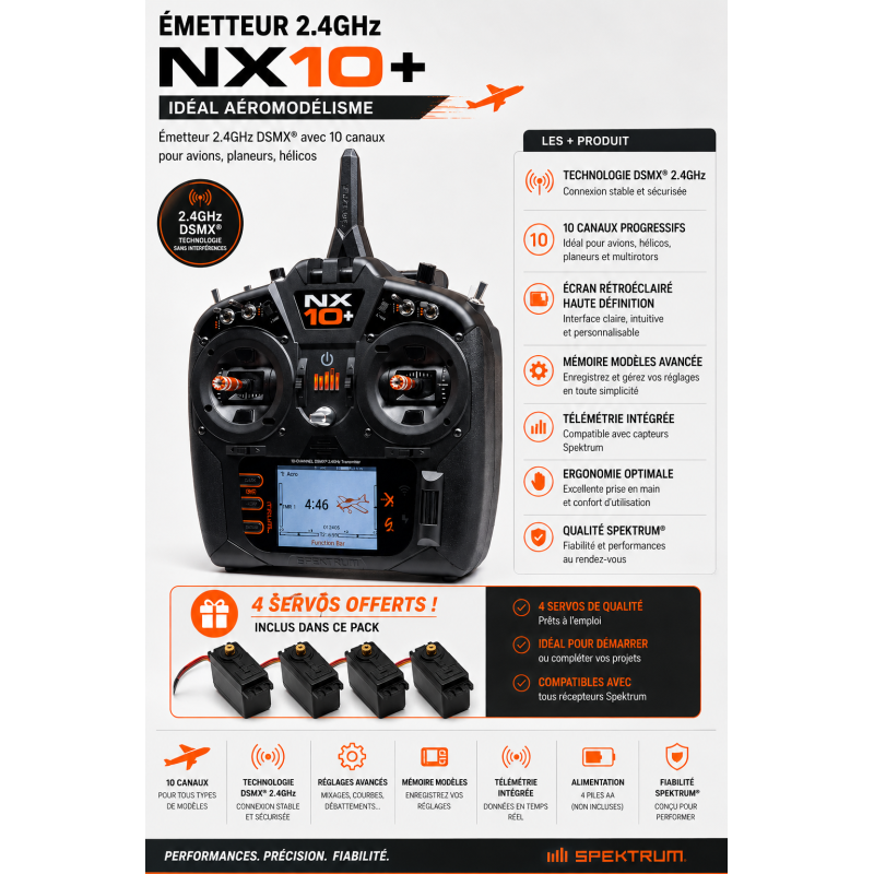 Radio NX10+ 20 Voies Spektrum DSMX 2,4GHz + 4 servos A6030 offerts