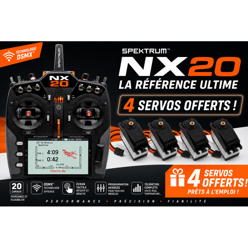 Radio NX20 Spektrum DSMX 2.4GHz + 4 servos A6030 offerts