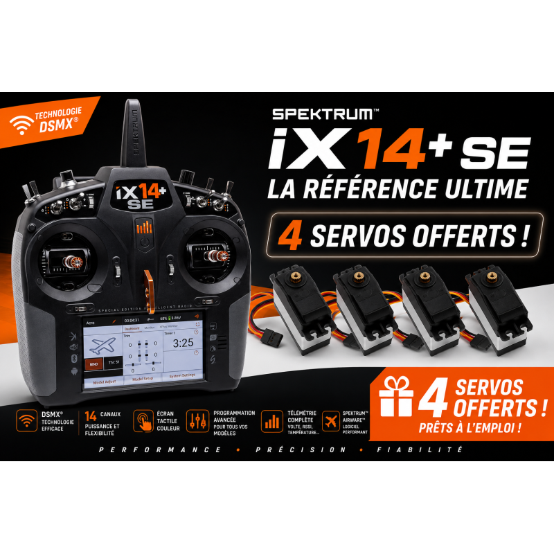 Radio iX14+ SE 20ch Spektrum DSMX 2.4Ghz + 4 servos A6030 offerts