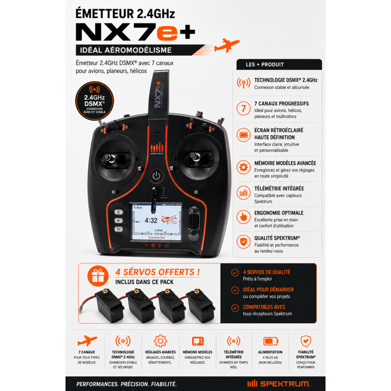 Radio NX7e+ 14 Spektrum DSMX 2,4GHz Black Edition + 4 servos A6030 offerts
