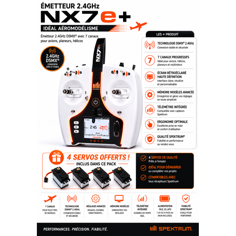 Radio NX7e+ 14 Spektrum DSMX 2,4GHz + 4 servos A6030 offerts