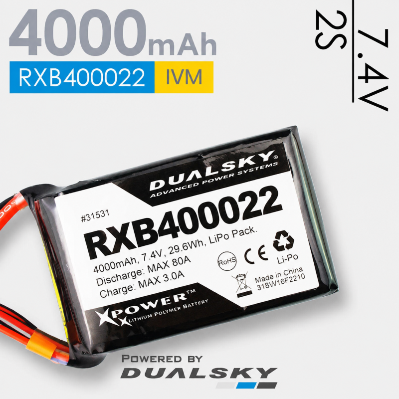 Batterie Dualsky, Lipo 2S 7,4v 4000mAh 20C prise XT60 et JR
