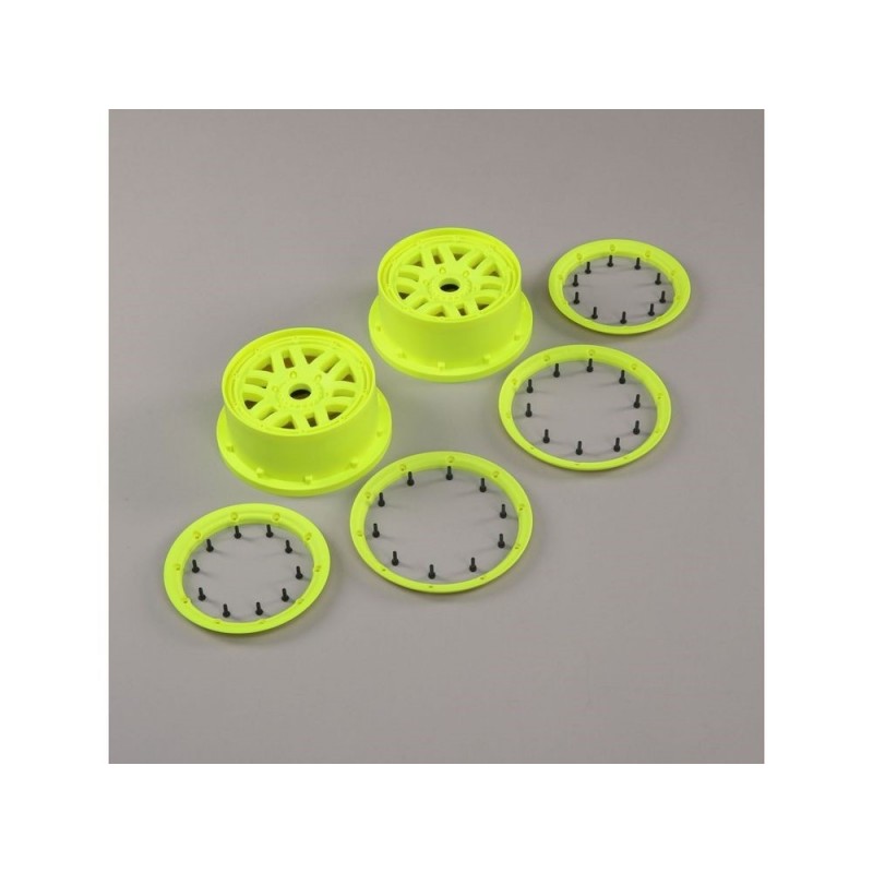 LOSI - Set ruota e bloccaggio, Flo Yellow (2): 5ive-T 2.0