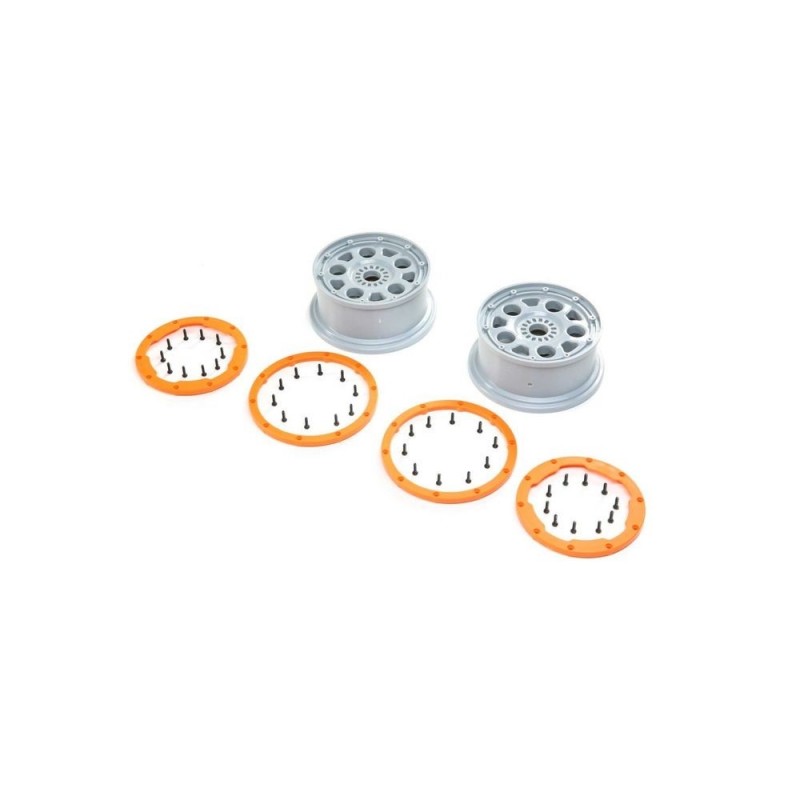LOSI - Wheels, Silver, Orange Bead Lock (2): DBXL-E 2.0