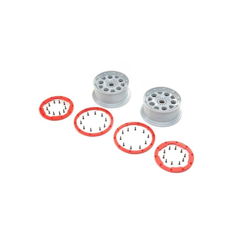 LOSI - Wheels, Silver, Red Bead Lock (2): DBXL-E 2.0