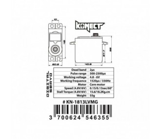 Servo estándar Konect 1813LVMG (55 g, 18,2 kg/cm)
