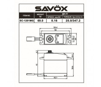 Servo numérique standard Savox SC-1201MG (69g, 25kg.cm, 0.12s/60°)