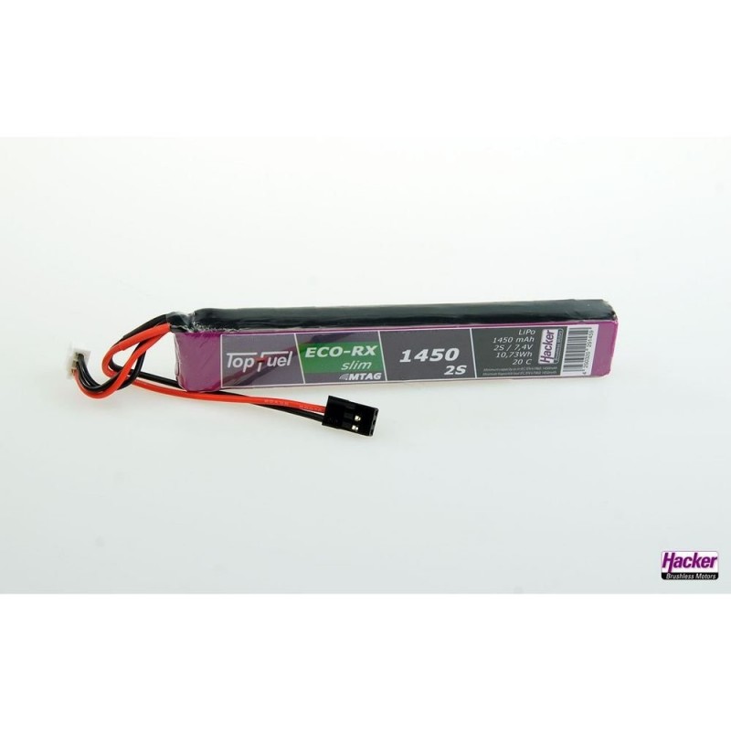 Battery Hacker TopFuel Eco-RX SLIM RX MTAG, lipo 2S 7.4V 1450mAh 20C servo jack JR/UNI